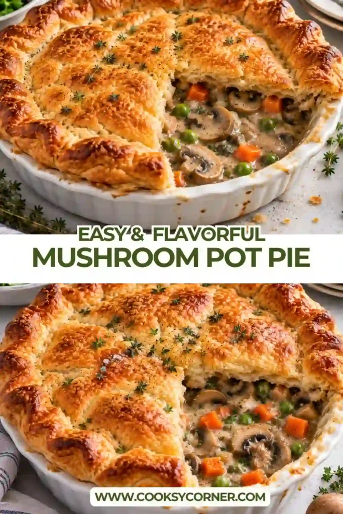Creamy mushroom pot pie fresh from the oven with deeply golden, flaky puff pastry. Mixed mushrooms and vegetables create a rich and savory filling beneath the crust.