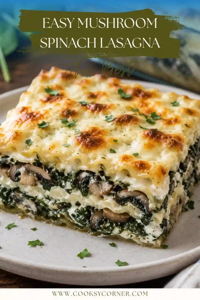 Freshly baked spinach mushroom lasagna in a baking dish with bubbling mozzarella and Parmesan. The vegetarian lasagna features creamy sauce, mushrooms, spinach, and tender pasta layers.