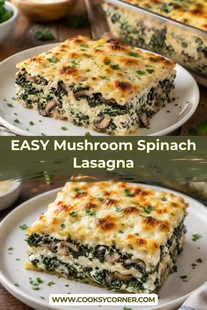 A warm slice of creamy mushroom lasagna filled with sautéed mushrooms, spinach, and melted cheese. Layers of lasagna noodles are coated in a rich homemade white sauce.