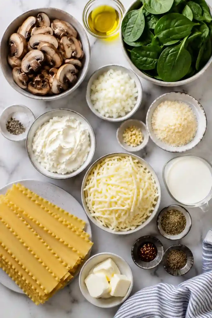 A serving of Mushroom Spinach Lasagna showing creamy layers of mushrooms, spinach, pasta, and melted cheese. Fresh parsley adds color to this comforting vegetarian dinner.