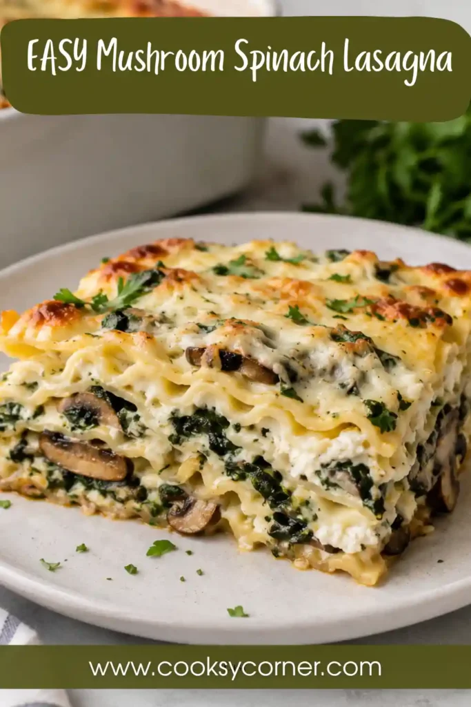 Mushroom Spinach Lasagna baked with layers of tender pasta, fresh spinach, mushrooms, mozzarella, and Parmesan. The creamy white sauce lasagna has a lightly golden, cheesy top.