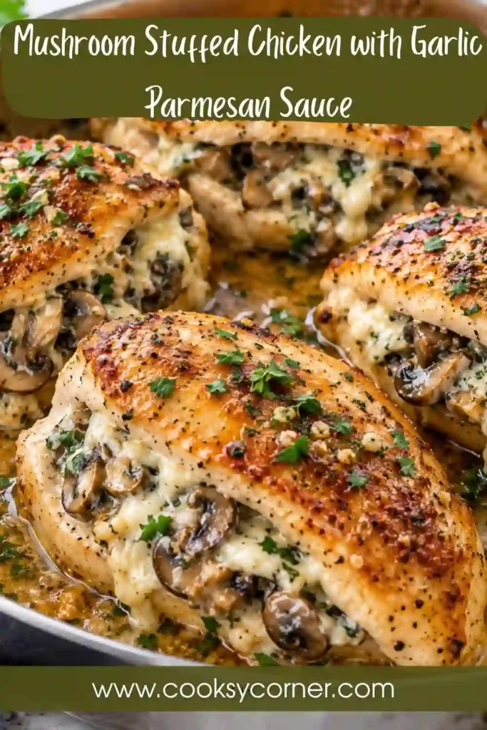 Garlic butter stuffed chicken with browned mushrooms and gooey mozzarella filling. A rich garlic Parmesan cream sauce and fresh parsley finish the dish.