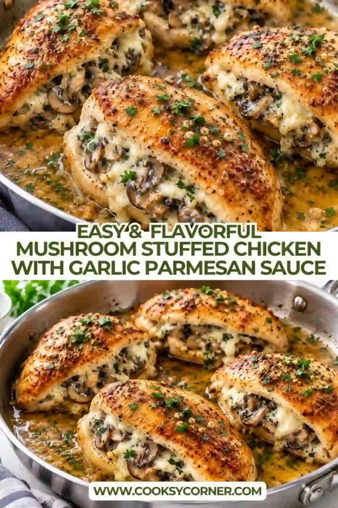 Cheesy mushroom stuffed chicken breast sliced to reveal melted mozzarella and savory sautéed mushrooms. Creamy Parmesan sauce surrounds the golden chicken in the skillet.