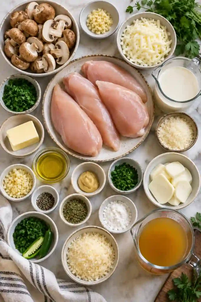 Creamy mushroom chicken featuring stuffed chicken breasts filled with mozzarella, Parmesan, and garlic mushrooms. The chicken is seared golden and served in a silky Parmesan sauce.