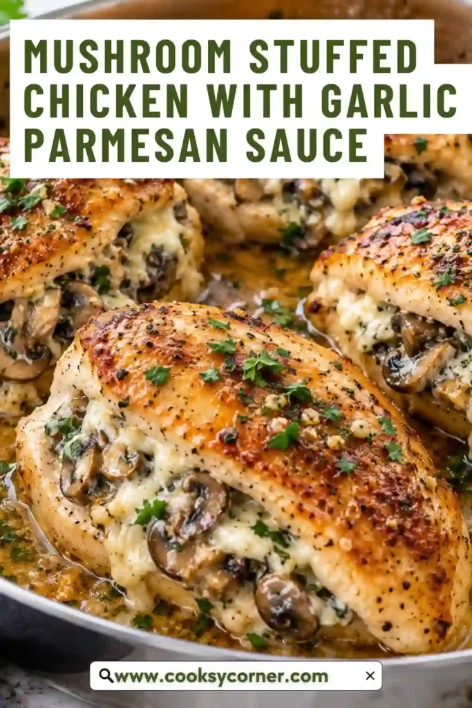 Mushroom Stuffed Chicken filled with garlic butter mushrooms, mozzarella, and Parmesan. The golden chicken breasts are served in a creamy garlic Parmesan sauce with fresh parsley