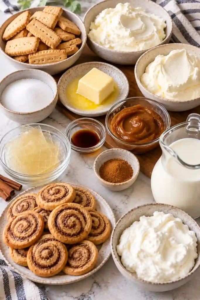 Easy no bake cinnamon cheesecake with a buttery Biscoff-style crust and smooth cream cheese mascarpone filling. Cinnamon dulce de leche creates rich caramel swirls throughout the dessert.