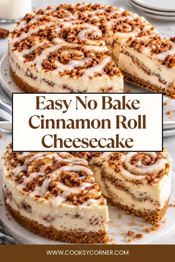 No Bake Cinnamon Roll Cheesecake with a buttery cookie crust, creamy mascarpone filling, and cinnamon dulce de leche swirls. Whipped cream and cinnamon roll cookies decorate the chilled cheesecake.