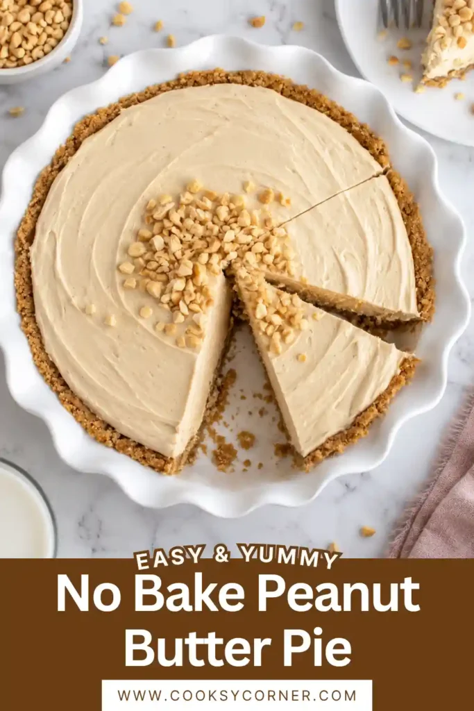 : Close-up of creamy peanut butter pie filling with a smooth, airy texture. A golden graham cracker crust forms the base of the chilled dessert.