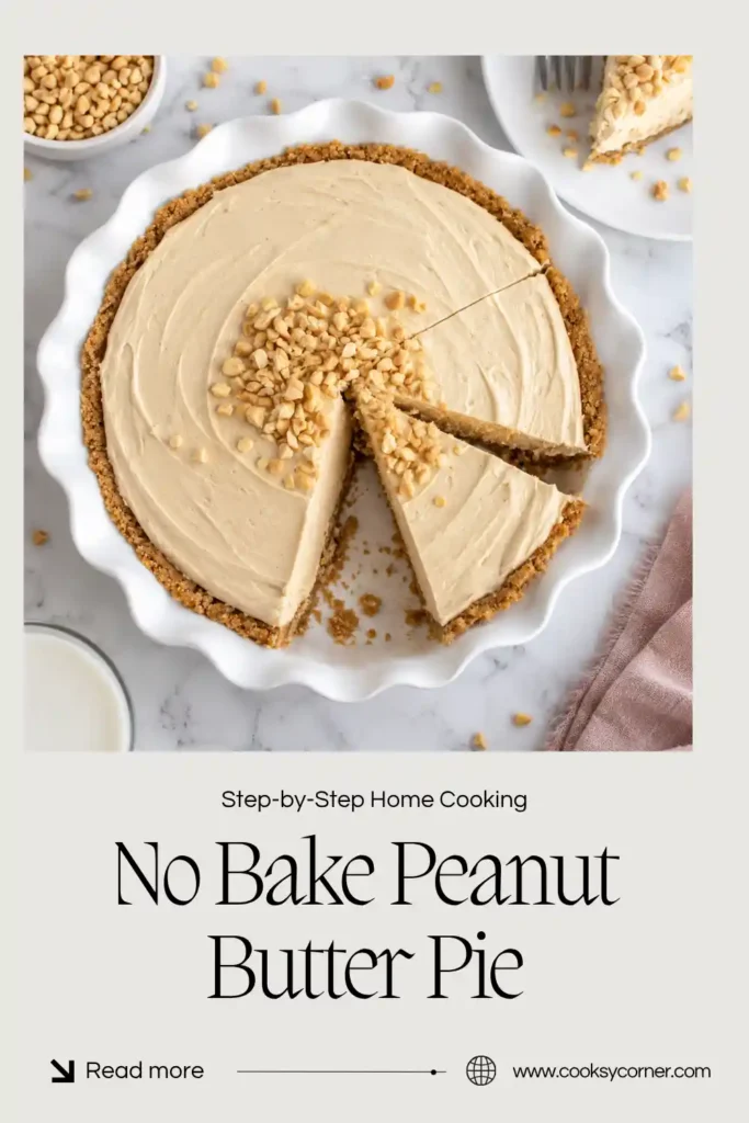Slice of no bake peanut butter pie on a dessert plate, showing a thick peanut butter cream cheese filling above a graham cracker crust. The chilled filling has a light, fluffy texture.