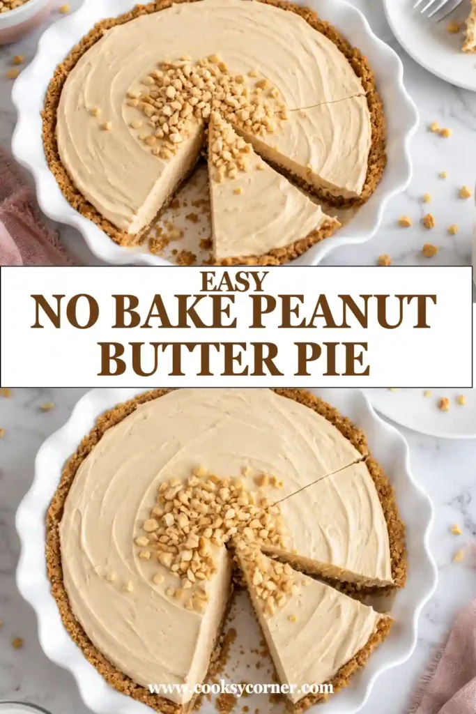 Whole no bake peanut butter pie in a 9-inch graham cracker crust with a smooth, creamy filling. The chilled pie is ready to slice and serve.