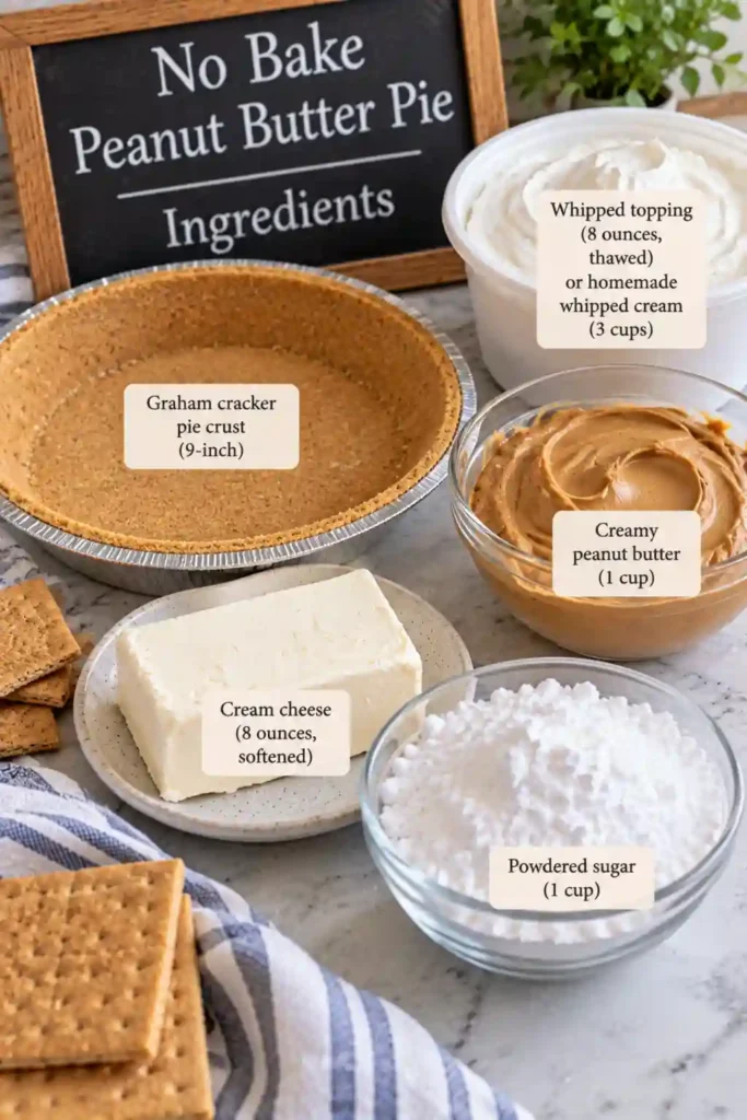 No bake peanut butter pie with one slice removed to reveal its thick, creamy filling and graham cracker crust. The remaining pie sits in a round pie dish.
