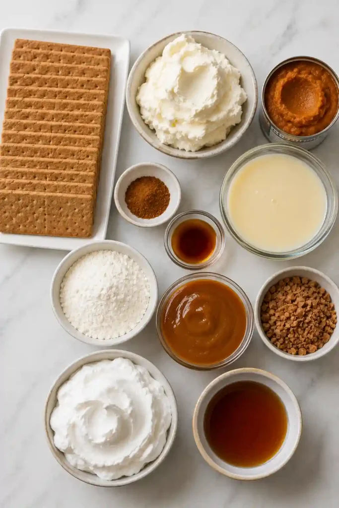 No bake pumpkin cheesecake dessert topped with swirls of caramel, whipped cream, and golden toffee bits. Distinct layers of pumpkin filling and cinnamon graham crackers create a creamy fall icebox cake.