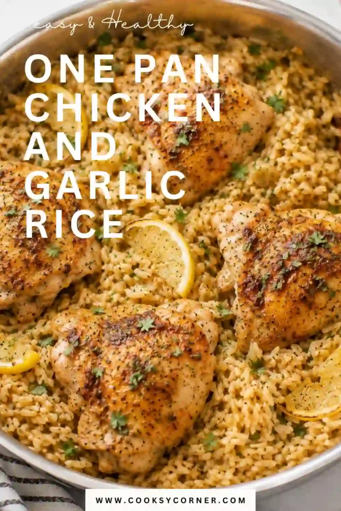 Golden paprika chicken thighs nestled into fluffy garlic rice with herbs. The savory chicken and rice recipe is cooked together in one pan for an easy meal.