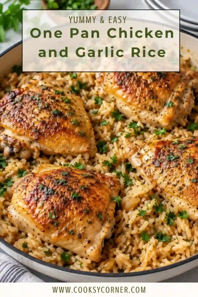 One pan chicken and rice made with tender chicken thighs, jasmine rice, garlic, paprika, and thyme. The chicken is golden while the rice underneath is fluffy and savory.