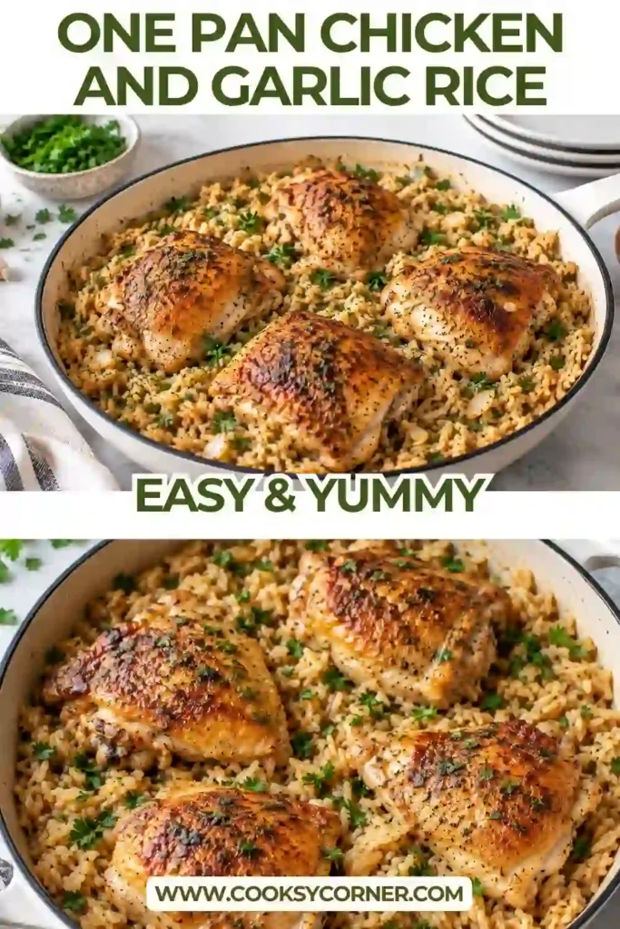 Golden chicken thighs with fluffy garlic rice, onions, thyme, and savory seasonings. One Pan Chicken and Garlic Rice makes a comforting family-style dinner.