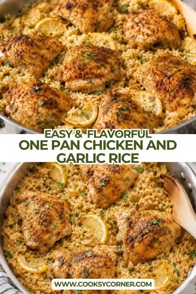 Juicy chicken thighs served over fragrant garlic and onion jasmine rice in a large skillet. This One Pan Chicken and Garlic Rice is a simple family-friendly dinner.