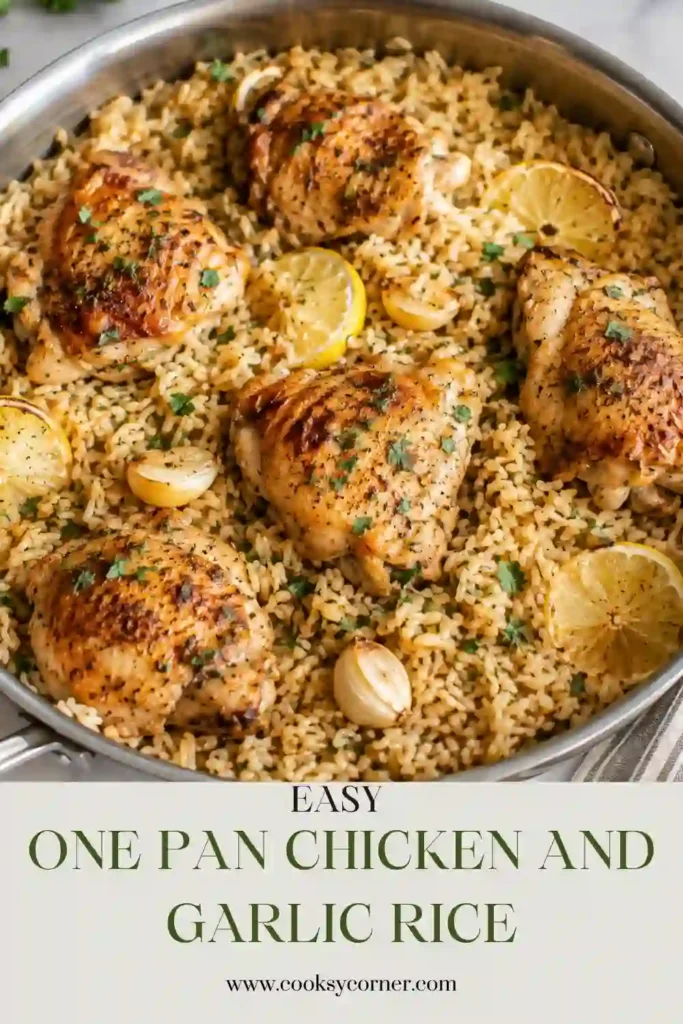 One Pan Chicken and Garlic Rice with golden seasoned chicken thighs arranged over fluffy jasmine rice. Fresh thyme adds color to this easy chicken and rice dinner.