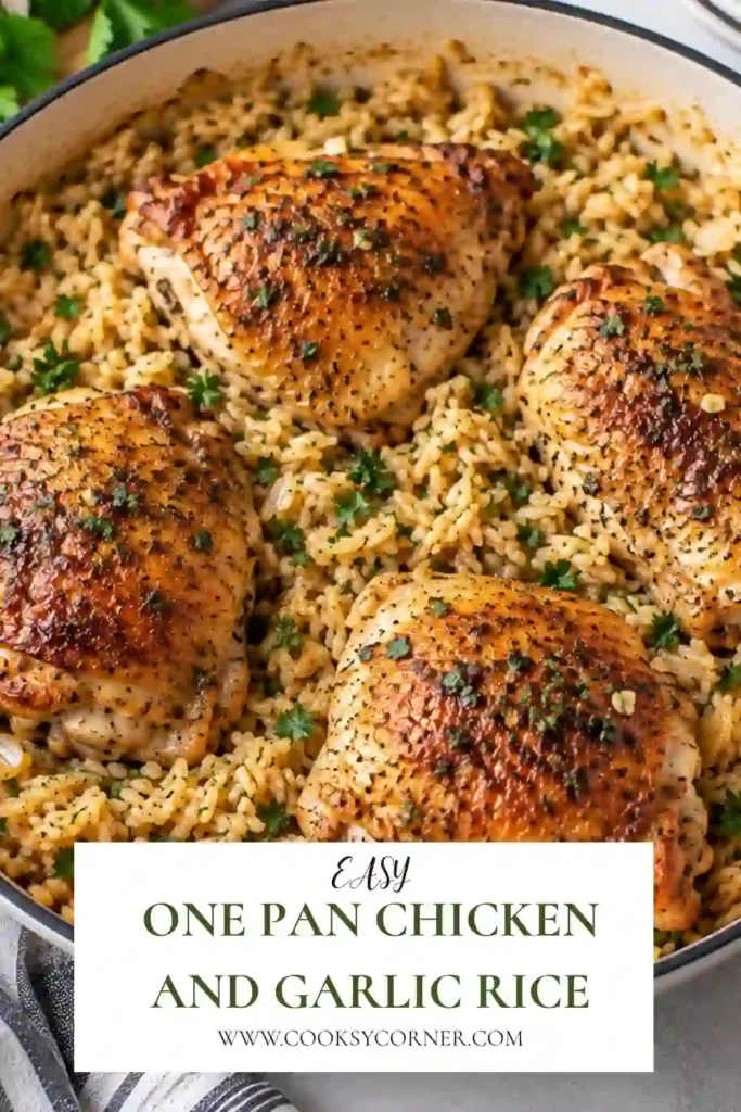 Juicy paprika-seasoned chicken thighs served over fragrant garlic jasmine rice in a skillet. This easy chicken and rice recipe is cooked together in one pan.