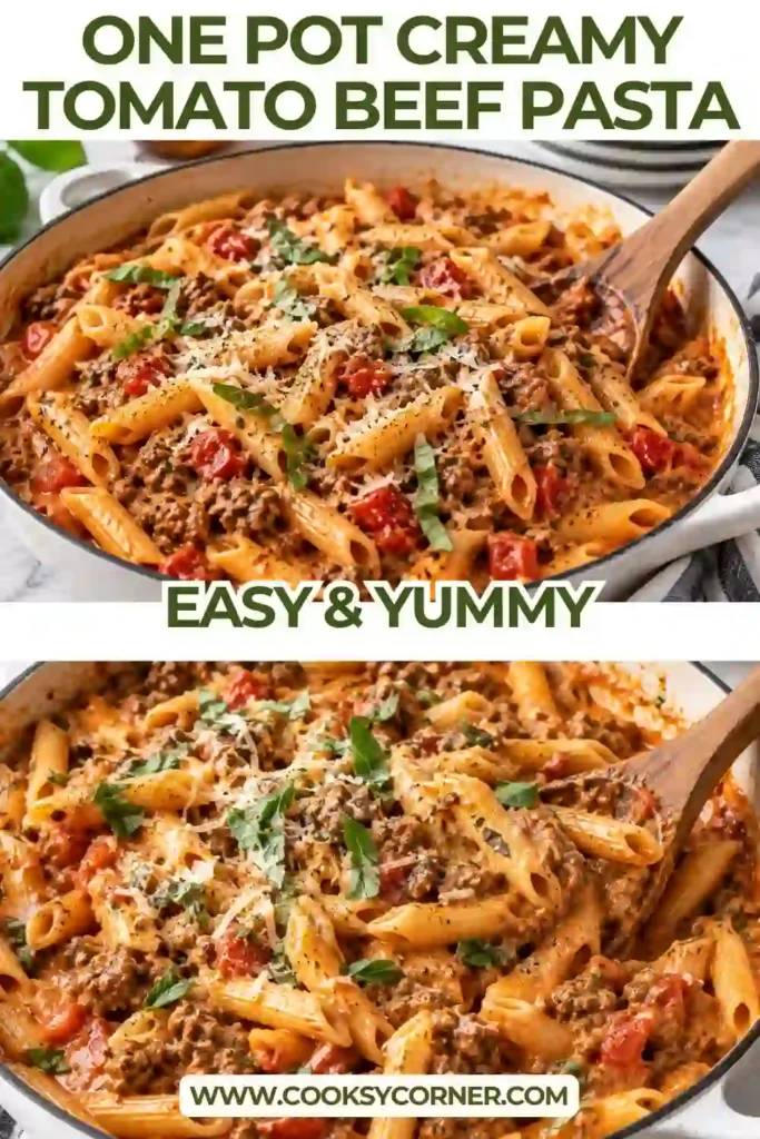 One pot beef pasta made with ground beef, tomatoes, Italian herbs, and heavy cream. The tender pasta is coated in a rich creamy tomato sauce and topped with Parmesan.