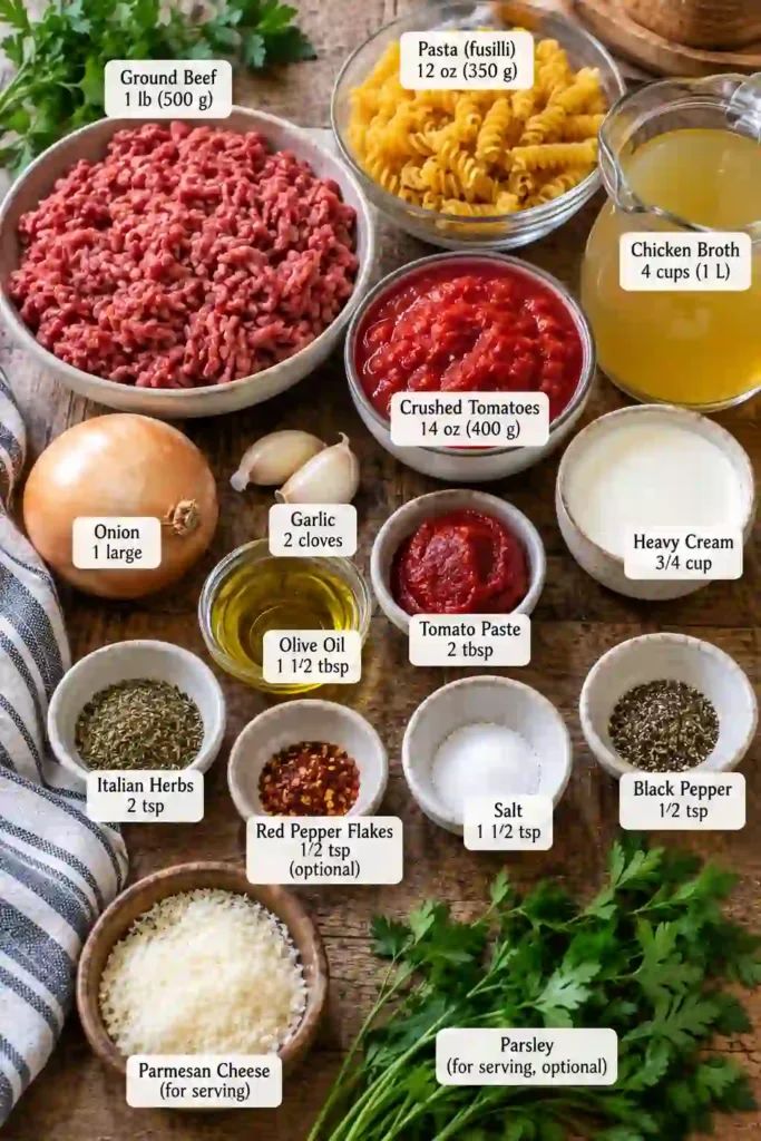 Creamy tomato pasta with savory ground beef and short pasta in a thick, silky sauce. Grated Parmesan and chopped parsley add a fresh finish to this easy one pot dinner.