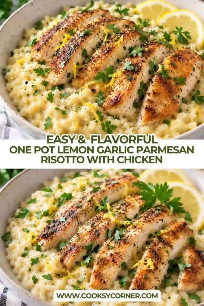 Homemade lemon garlic chicken risotto prepared with creamy Arborio rice and Parmesan cheese. Golden chicken breast rests over the risotto with lemon and fresh herbs.