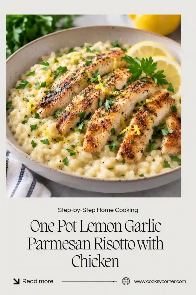 Creamy chicken risotto topped with tender sliced chicken, fresh parsley, and grated Parmesan. The lemon garlic risotto has a rich, velvety texture with a fresh citrus finish.