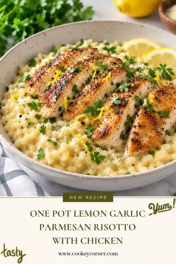 One-Pot Lemon Garlic Parmesan Risotto with Chicken served warm with sliced golden chicken over creamy Arborio rice. Fresh lemon, Parmesan, garlic, and parsley add bright color and savory flavor.
