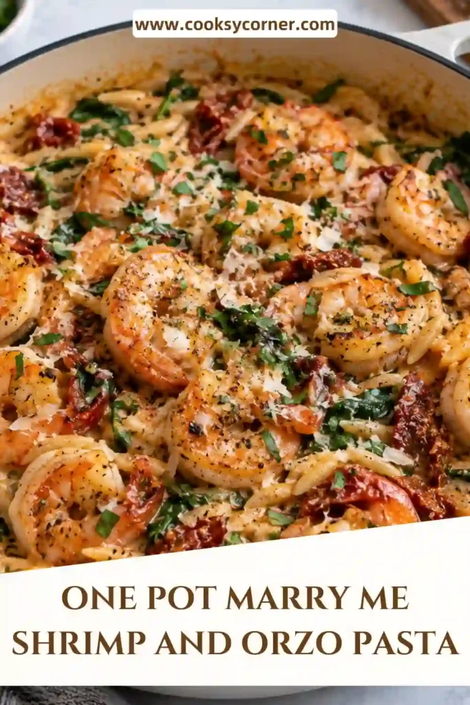 One pot shrimp pasta featuring seasoned shrimp over creamy orzo with spinach and julienned sun-dried tomatoes. Parmesan and fresh basil add a savory finish to the dish.