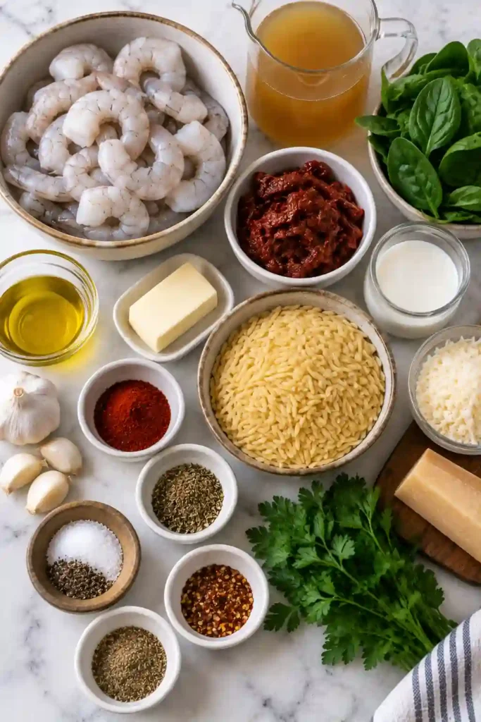 Creamy garlic shrimp orzo with plump shrimp, Parmesan, sun-dried tomatoes, spinach, and fresh herbs. The tender orzo is surrounded by a rich Italian-inspired cream sauce.