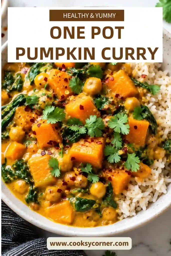 Homemade One Pot Pumpkin Curry made with coconut milk, pumpkin, tofu, ginger, and Thai red curry paste. The rich orange curry is served warm with fresh herbs and pumpkin seeds.