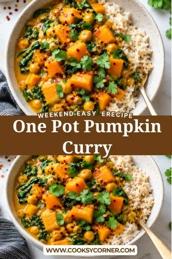 One Pot Pumpkin Curry with tender pumpkin cubes and tofu simmered in a creamy coconut curry sauce. Fresh cilantro and chili flakes add color to this comforting Thai-inspired meal.