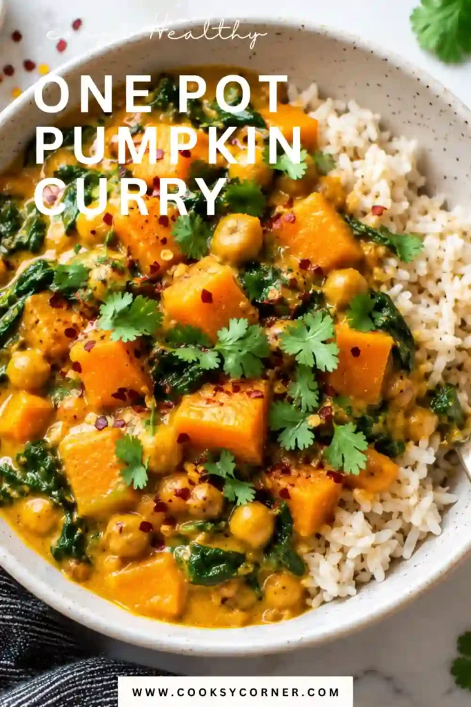 Creamy pumpkin coconut curry served in a bowl with tender squash, tofu, and aromatic red curry sauce. This easy pumpkin curry is finished with fresh cilantro and lime.
