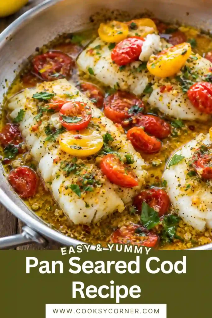 Skillet cod recipe with flaky white fish, blistered cherry tomatoes, fresh basil, and lemon. The tomato basil cod is golden on the outside and tender in the center.