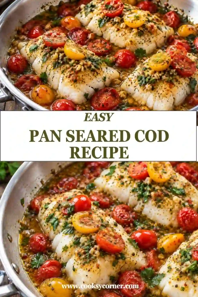 Tender pan-seared cod with tomatoes and fresh basil served in a savory homemade sauce. This easy cod dinner features golden fish and colorful Mediterranean-inspired ingredients.