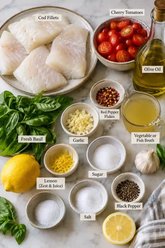 Mediterranean cod recipe served with a vibrant tomato basil sauce and fresh herbs. Golden pan-seared fish pairs with juicy tomatoes and a bright lemon finish.