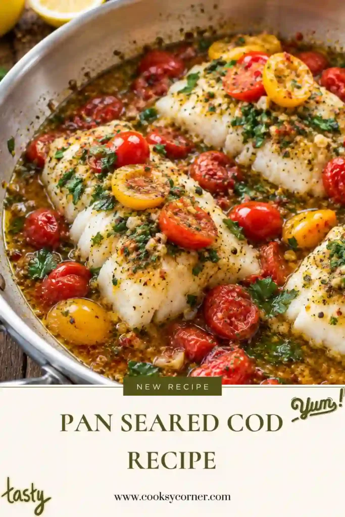 Pan-Seared Cod Recipe featuring golden cod fillets covered with a fresh tomato basil sauce. Juicy cherry tomatoes, basil, garlic, and lemon add bright Mediterranean flavor.