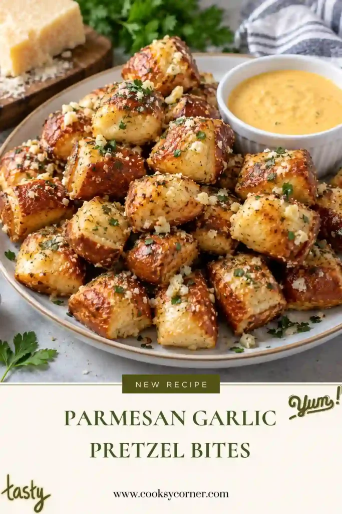 A platter of golden garlic Parmesan pretzel bites served with a small bowl of creamy cheese dipping sauce. These buttery homemade pretzel bites make a delicious appetizer for parties, family gatherings, and game-day snacks.
