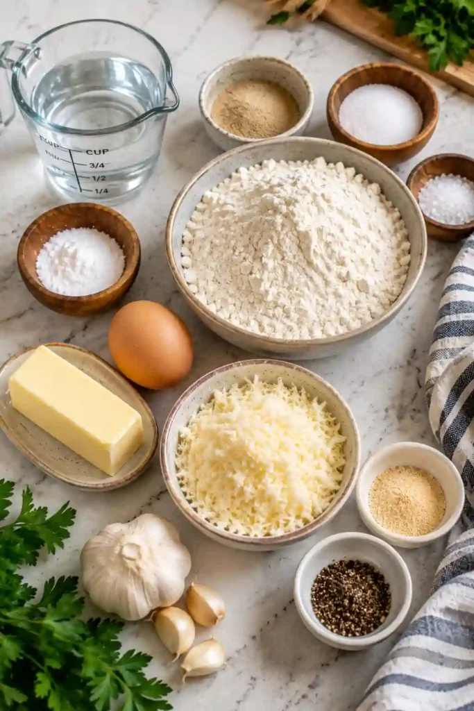 Ingredients for homemade Parmesan garlic pretzel bites arranged on a light marble countertop, including flour, warm water, yeast, sugar, baking soda, egg, butter, grated cheese, garlic powder, salt, and black pepper. This simple ingredient collection creates soft, buttery garlic Parmesan pretzels with a golden crust.