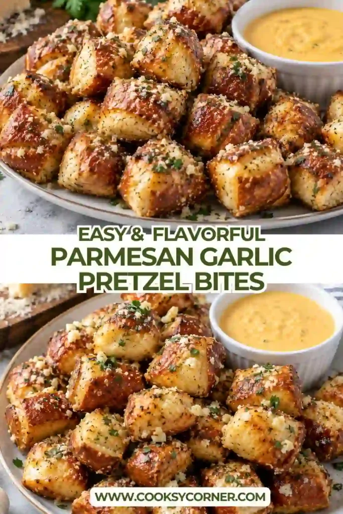 Close-up of homemade garlic Parmesan pretzel bites showing their soft, fluffy interior and golden chewy crust. The buttery pretzel pieces are covered with garlic seasoning and finely grated Parmesan cheese.