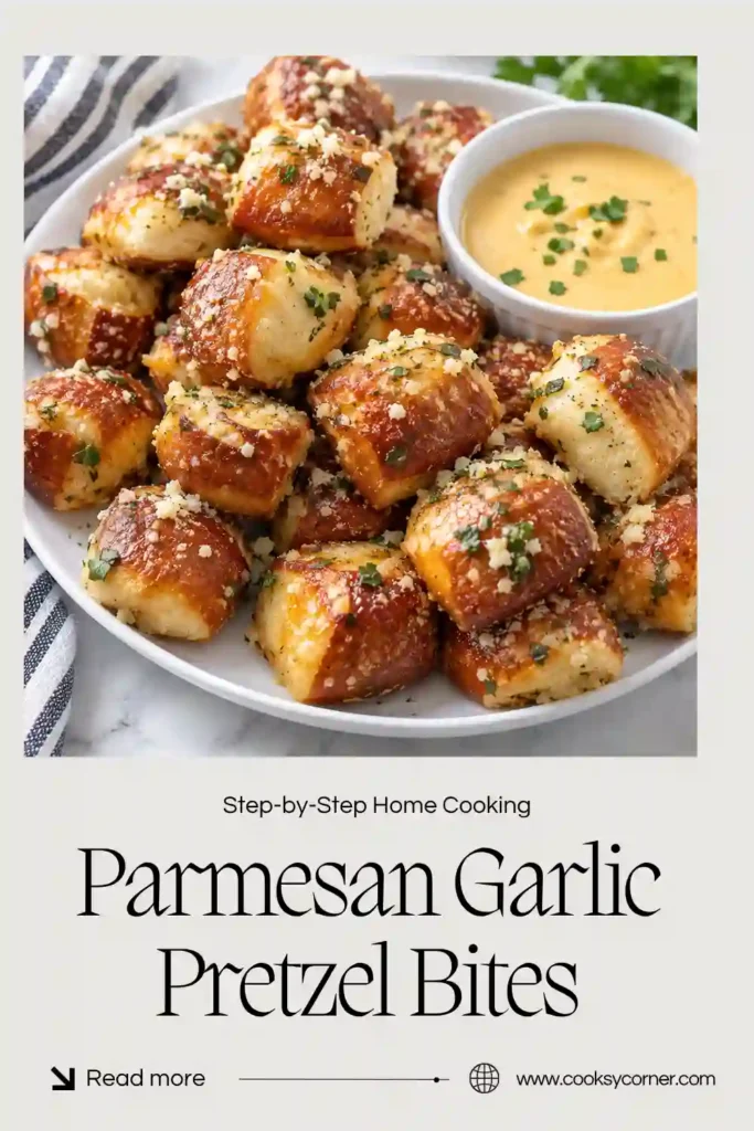 Golden Parmesan garlic pretzel bites piled in a ceramic serving bowl with a buttery garlic coating and grated cheese. These homemade soft pretzel bites have a beautifully browned crust and fluffy centers.