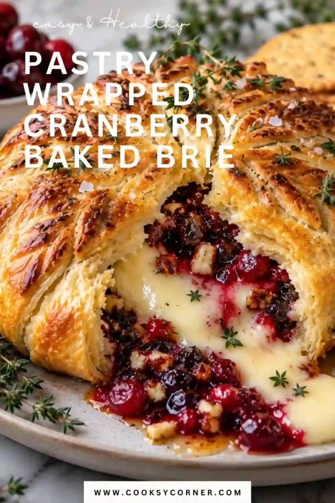 Holiday baked brie wrapped in flaky puff pastry and topped with bright cranberry sauce and pecans. The melted brie creates a creamy center beneath the crisp golden pastry.