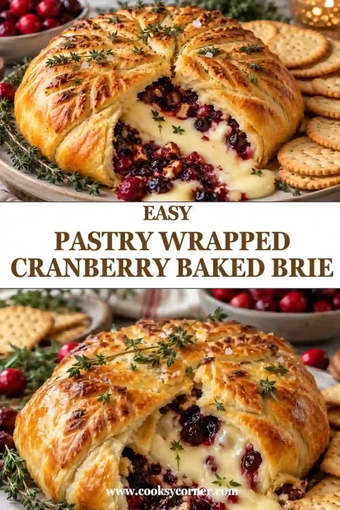 Golden baked brie in puff pastry filled with creamy cheese, maple-orange cranberry sauce, and crunchy toasted pecans. A warm cranberry brie appetizer served for the holidays.