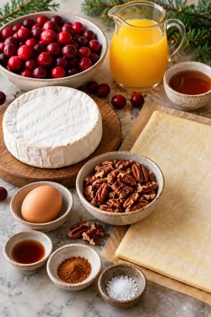 Pastry Wrapped Cranberry Baked Brie served warm with crackers and fruit. Tart cranberries, creamy brie, toasted pecans, and buttery puff pastry create a festive appetizer
