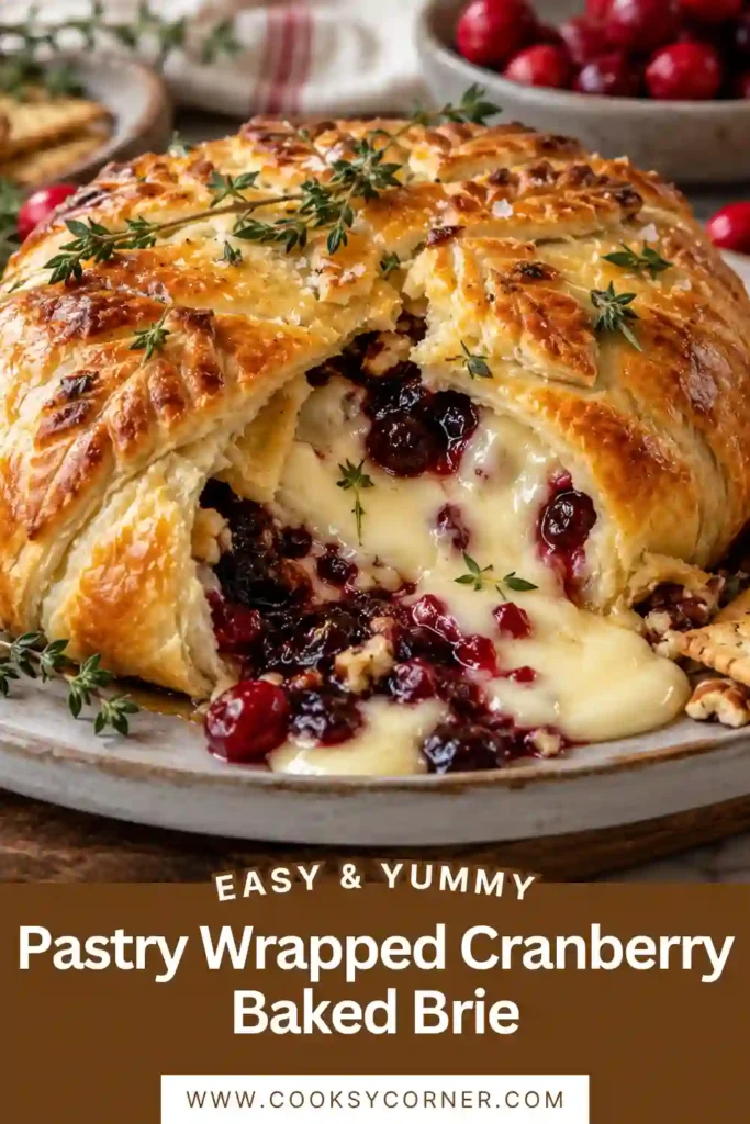 1. Pastry Wrapped Cranberry Baked Brie baked until the puff pastry is flaky and golden brown. The warm brie is topped with homemade cranberry sauce and toasted pecans for a festive holiday appetizer.