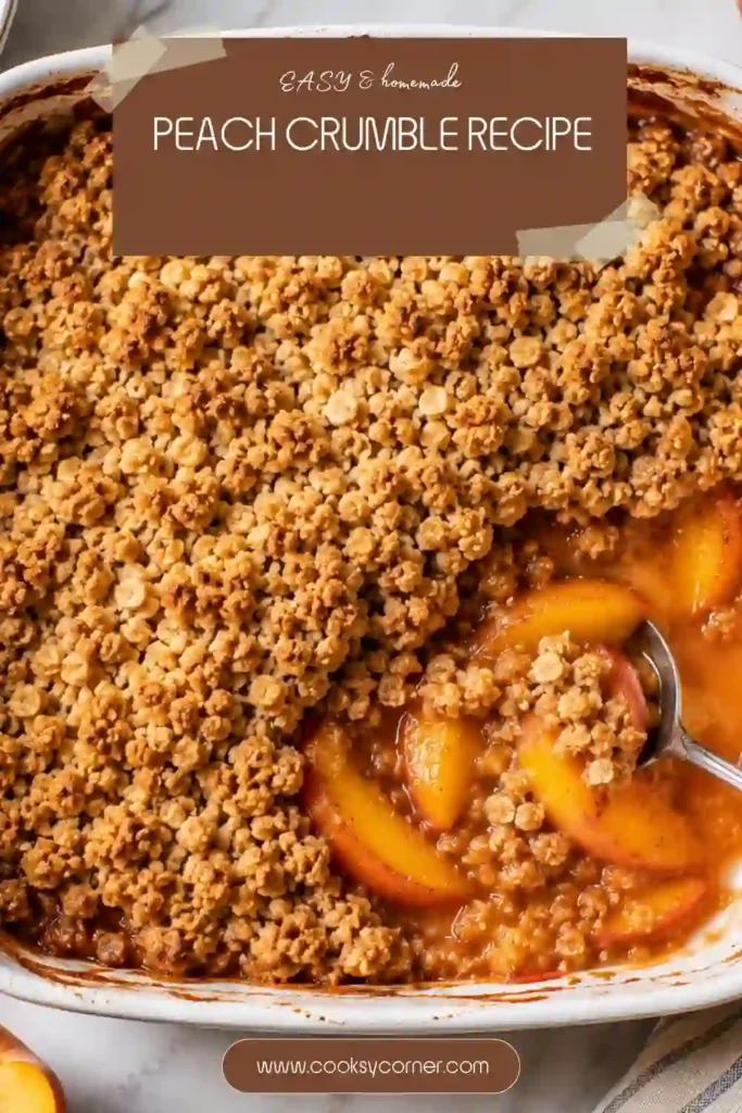 Warm fresh peach crumble topped with golden rolled oats and brown sugar streusel. The bubbling peach filling creates a comforting homemade dessert.