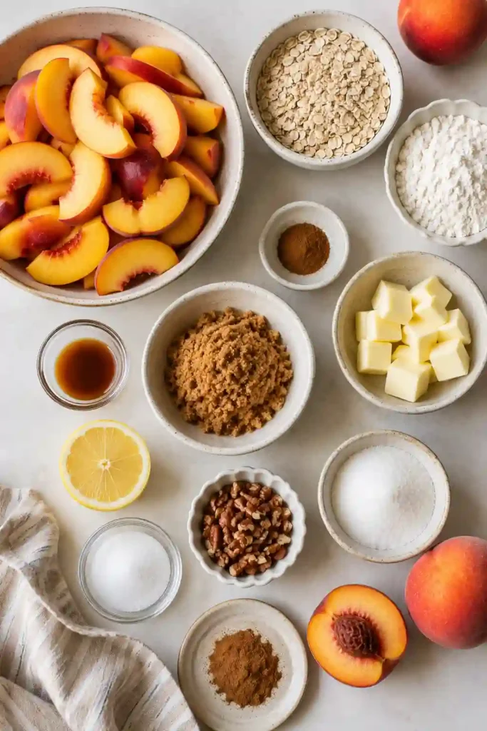 Easy Peach Crumble Recipe featuring tender peaches beneath a crisp brown butter oat topping. A simple baked peach dessert with cinnamon and vanilla.