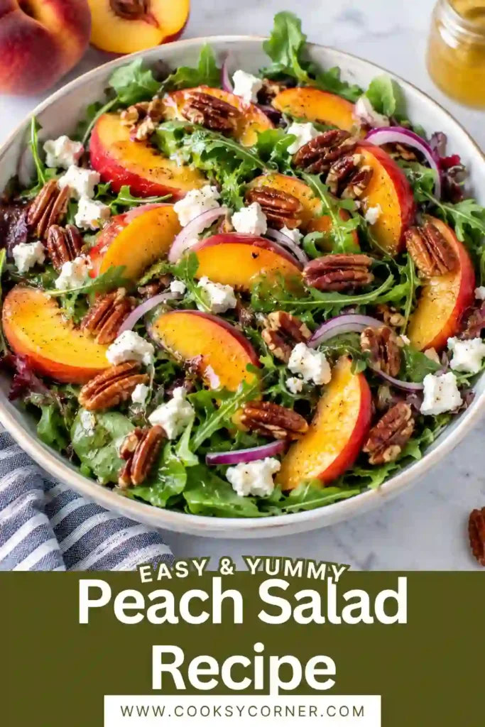 Easy peach cucumber salad featuring fresh peaches, sliced cucumber, red onion, walnuts, and baby greens. The fresh summer salad is lightly dressed with homemade honey vinaigrette.