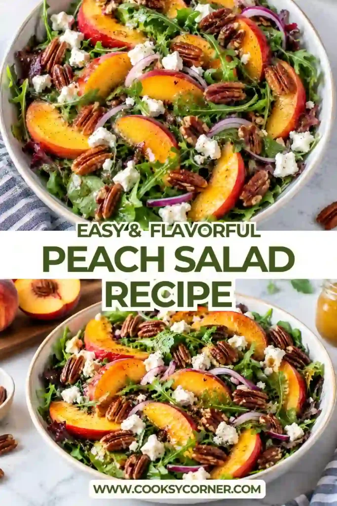 Fresh Peach Salad with juicy peach wedges, cucumber, mixed baby greens, red onion, mint, and crunchy walnuts. The summer salad is finished with a light honey vinaigrette.