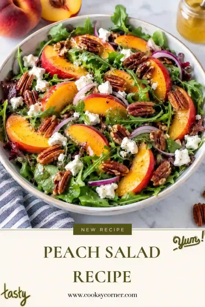 Colorful summer peach salad made with ripe peaches, crisp cucumber, leafy greens, walnuts, and fresh mint. A honey vinaigrette gives the salad a sweet and tangy finish.