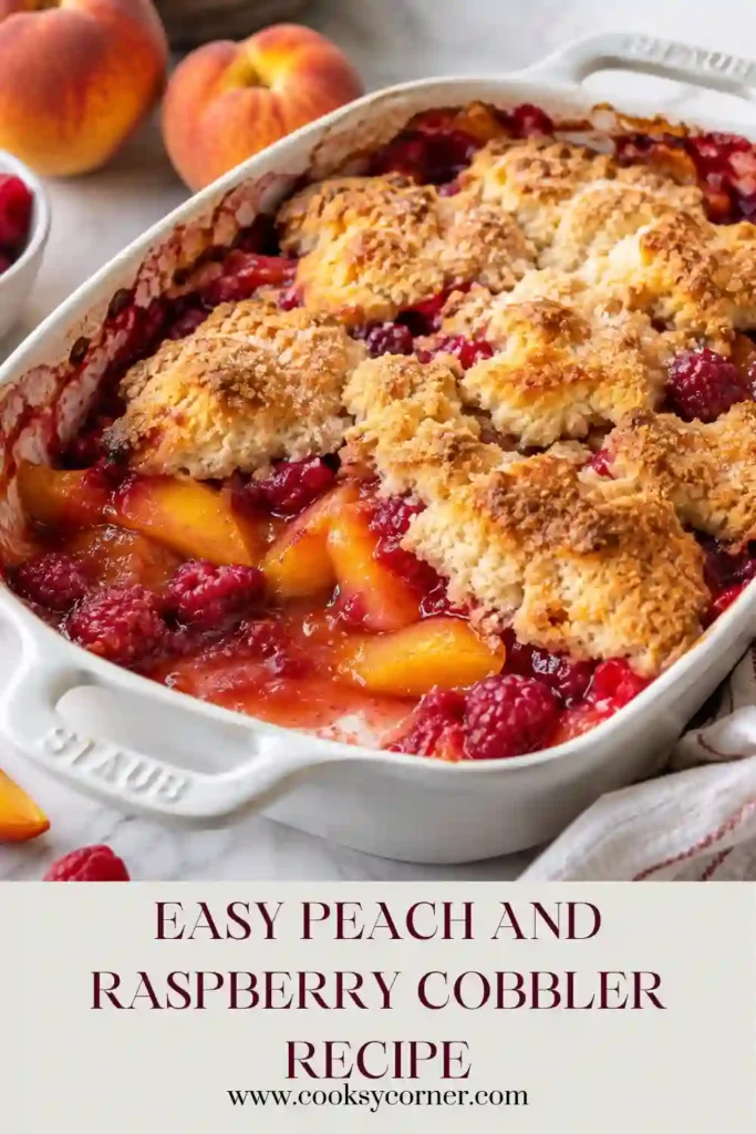 Homemade peach and raspberry cobbler filled with ripe summer fruit and covered with a fluffy golden topping. Toasted flaked almonds provide extra color and crunch.
